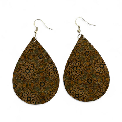 Boho Cork Teardrop Earrings, Handmade Vintage Tile Print Statement Drops