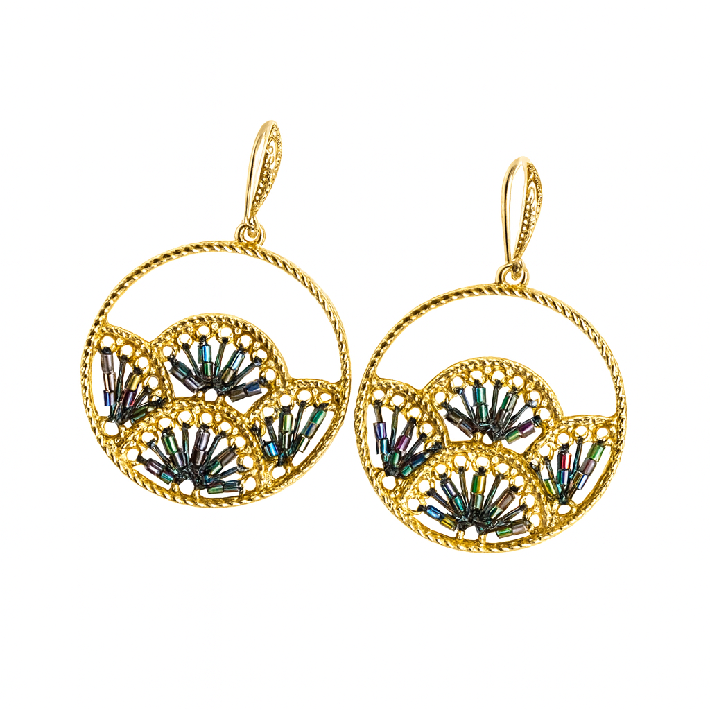 Woven Fan Drop Earrings & Necklace Set, Handmade Black Seed Bead Statement Set