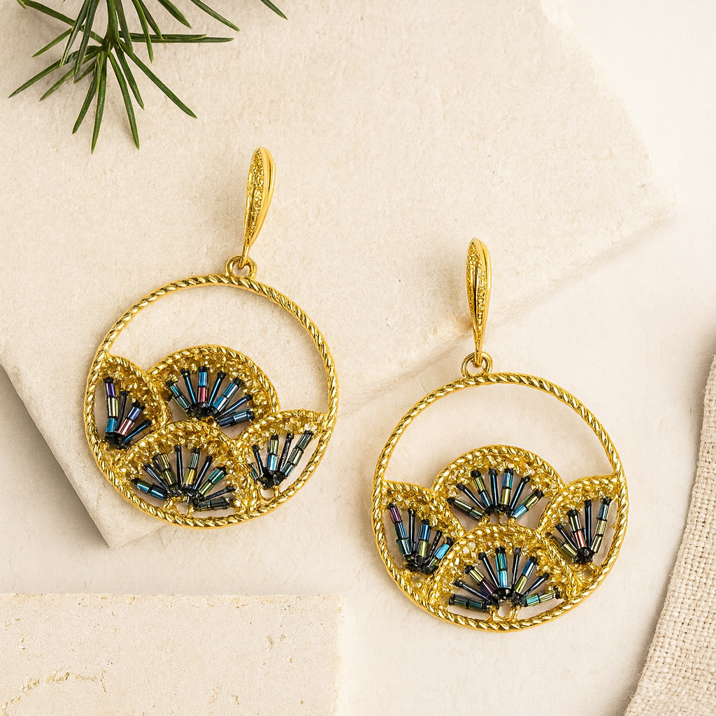 Woven Fan Drop Earrings & Necklace Set, Handmade Black Seed Bead Statement Set