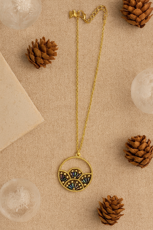 Woven Fan Pendant Necklace, Handmade Black Seed Bead Statement Piece