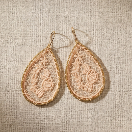 Pink Lace Flower Teardrop Earrings, Handmade Woven Gold Drops