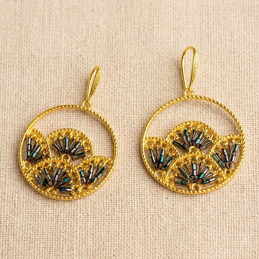 Woven Fan Drop Earrings, Handmade Black Seed Bead Statement Piece