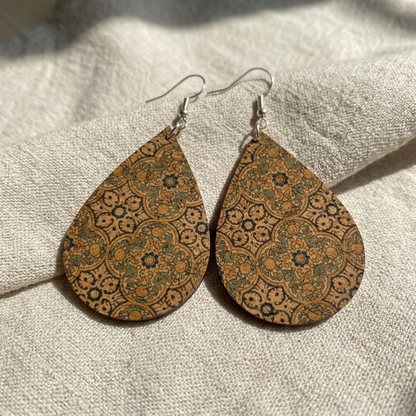 Boho Cork Teardrop Earrings, Handmade Vintage Tile Print Statement Drops