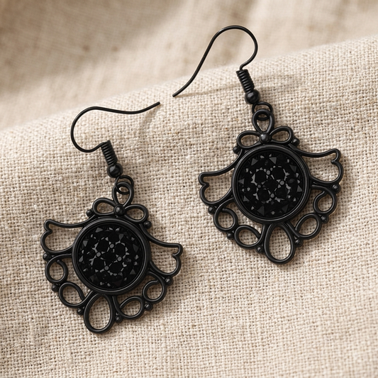 Gothic Glam Filigree Dangle Earrings, Handmade Black Sparkle Drops