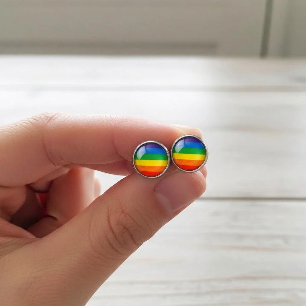 Rainbow Glass Dome Silver Stud Earrings | Handmade