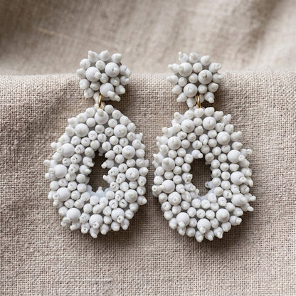 White Beaded Statement Dangle Earrings | Gold Clip | 8cm | New