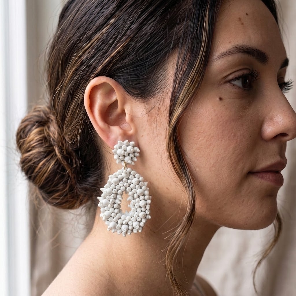 White Beaded Statement Dangle Earrings | Gold Clip | 8cm | New