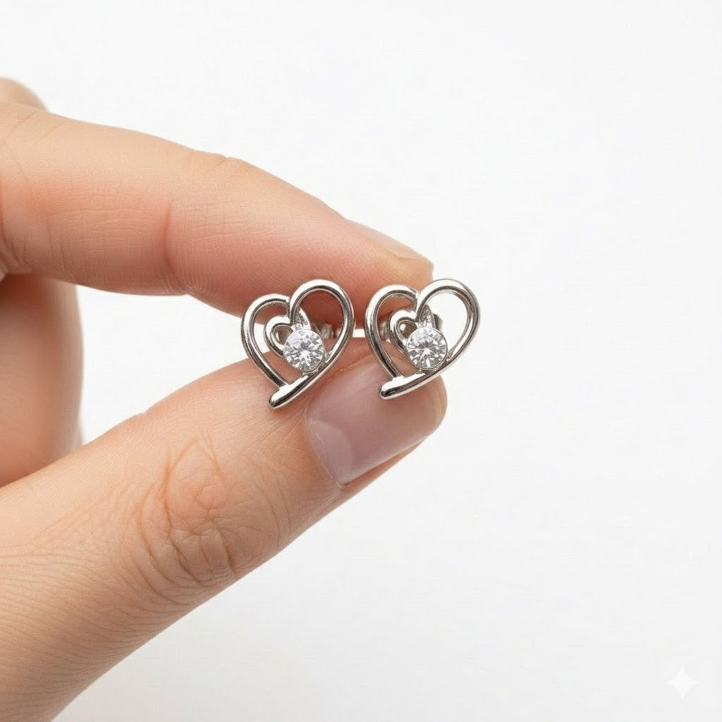 Rhinestone Heart Stud Earrings | Rhodium Silver | 10mm | New