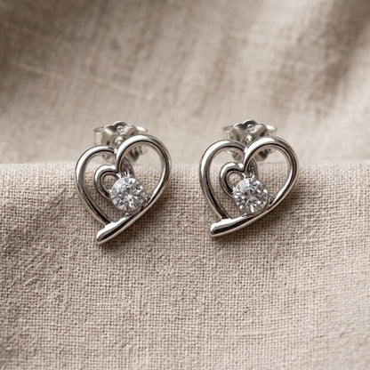 Rhinestone Heart Stud Earrings | Rhodium Silver | 10mm | New