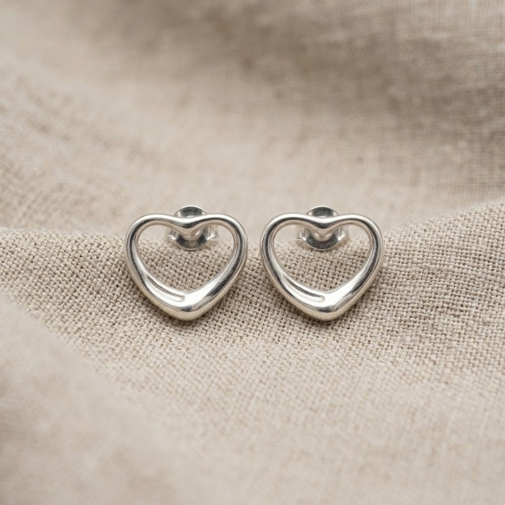 Open Heart Stud Earrings | 925 Sterling Silver | 12mm | New
