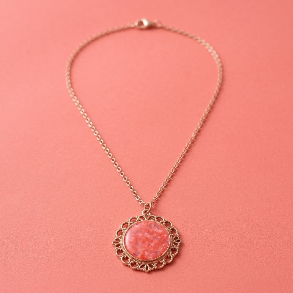 Coral Glitter Filigree Necklace | Rose Gold Pendant Necklace | 45cm