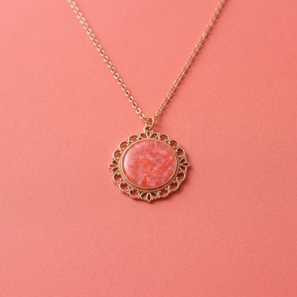 Coral Glitter Filigree Necklace | Rose Gold Pendant Necklace | 45cm