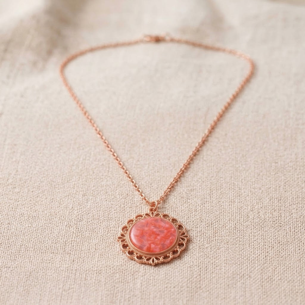 Coral Glitter Filigree Necklace | Rose Gold Pendant Necklace | 45cm