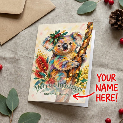 Personalised Australian Animals Christmas Folded Greeting Cards 5-Pack | Wombat, Kangaroo, Kookaburra, Platypus & Koala