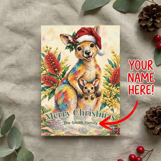 Personalised Kangaroo Christmas Flat Greeting / Note Card | Australian Animals