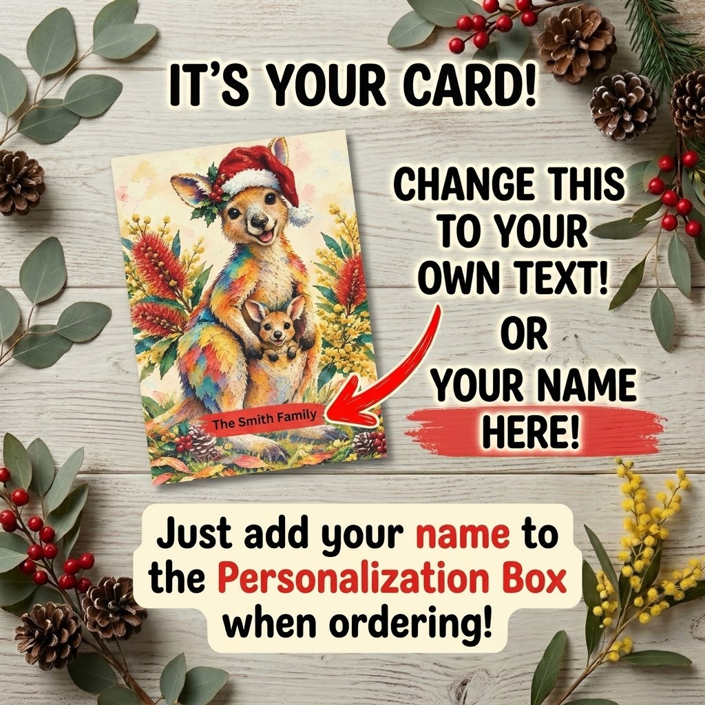 Personalised Kangaroo Christmas Flat Greeting / Note Card | Australian Animals