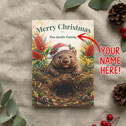 Personalised Wombat Christmas Flat Greeting / Note Card | Australian Animals