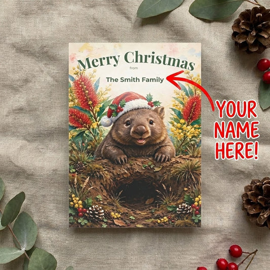 Personalised Wombat Christmas Flat Greeting / Note Card | Australian Animals