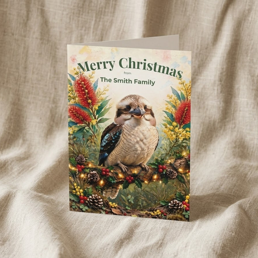 Personalised Australian Animals Christmas Folded Greeting Cards 3-Pack | Koala, Kangaroo & Kookaburra