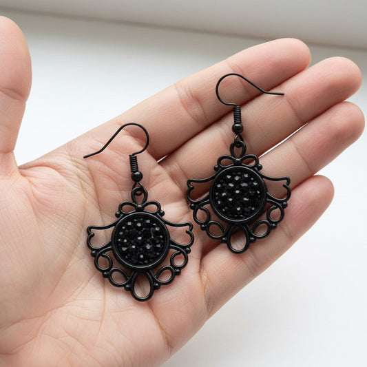 Gothic Glam Filigree Dangle Earrings, Handmade Black Sparkle Drops