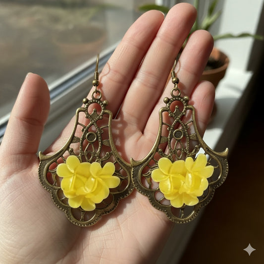 Antique Bronze Floral Drop Earrings, Handmade 3D Statement Dangles