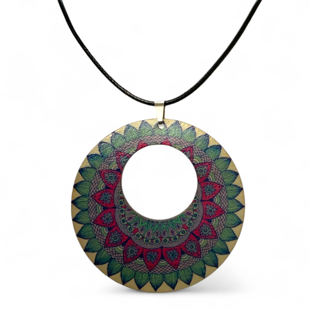 Boho Wooden Pendant Necklace – Printed Design with Black Nylon Chain