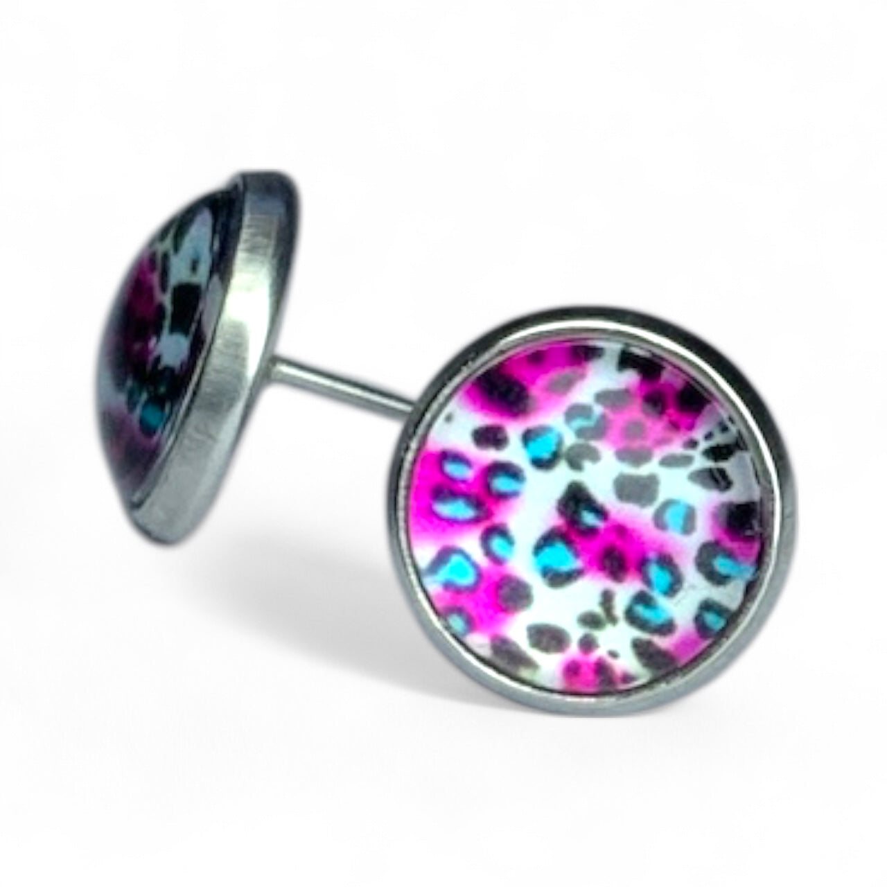 Wild Animal Print Stud Earrings, Handmade Everyday Statement Studs Blue & Pink Print