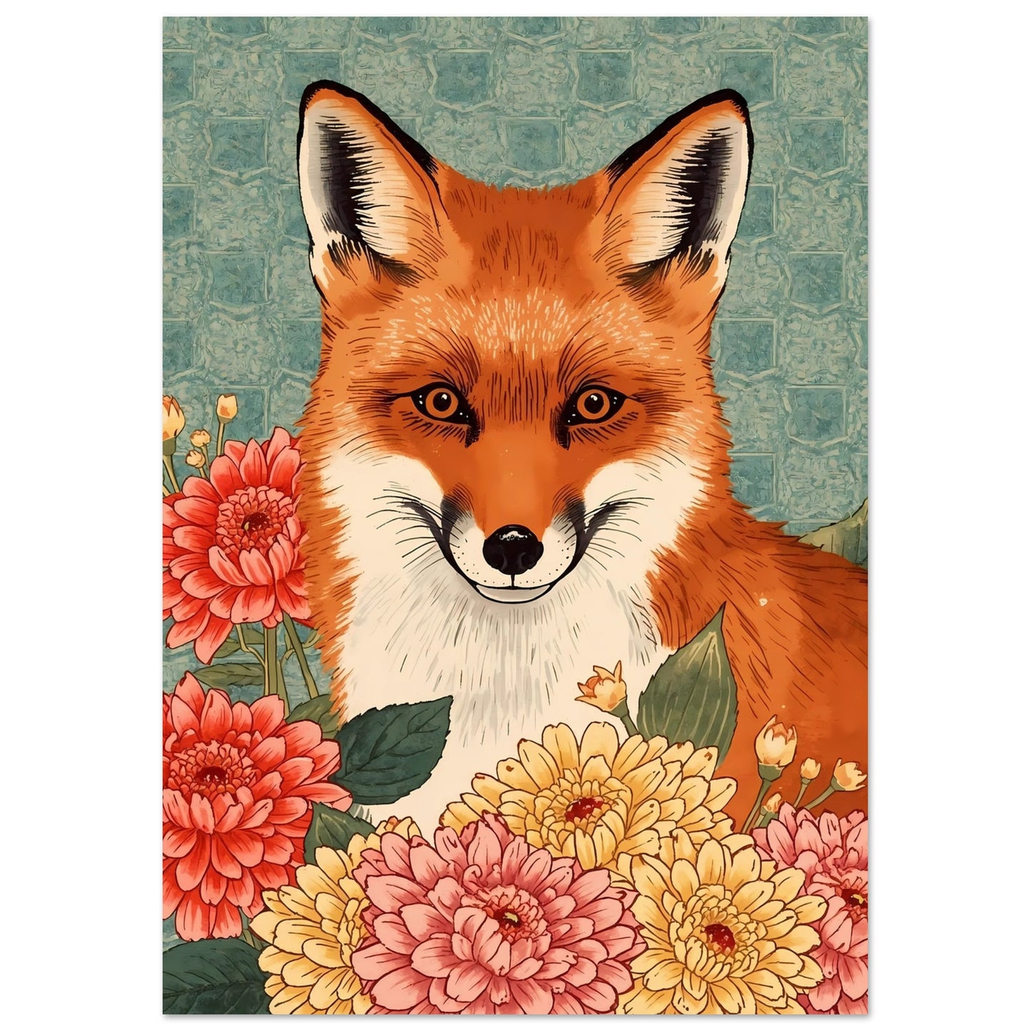Floral Fox Ukiyo-e Wall Art Poster A3 (29.7 x 42 cm)