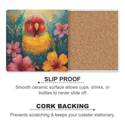 Tropical Lovebird Vivid Illustration Coasters — US-Made, Set of 4