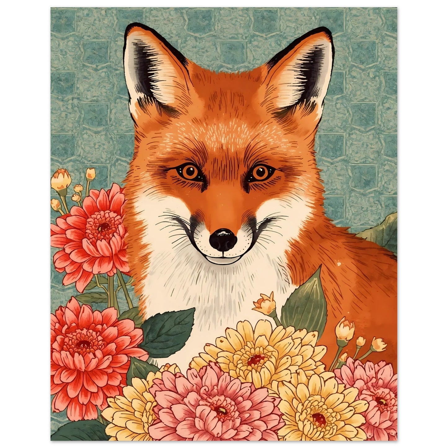 Floral Fox Ukiyo-e Wall Art Poster 40x50 cm 16x20″