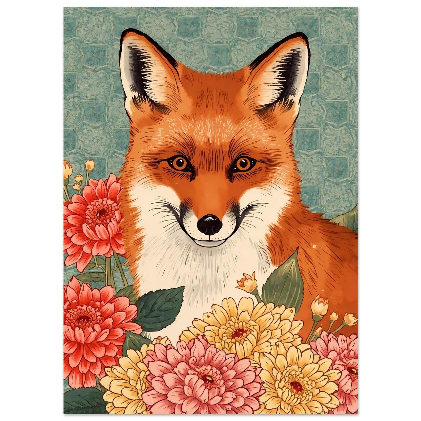 Floral Fox Ukiyo-e Wall Art Poster 13x18 cm 5x7″