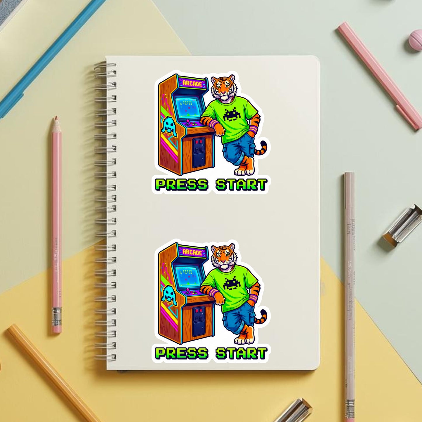 Press Start Arcade Tiger | 90s Gamer | White Vinyl | Die-Cut Sticker