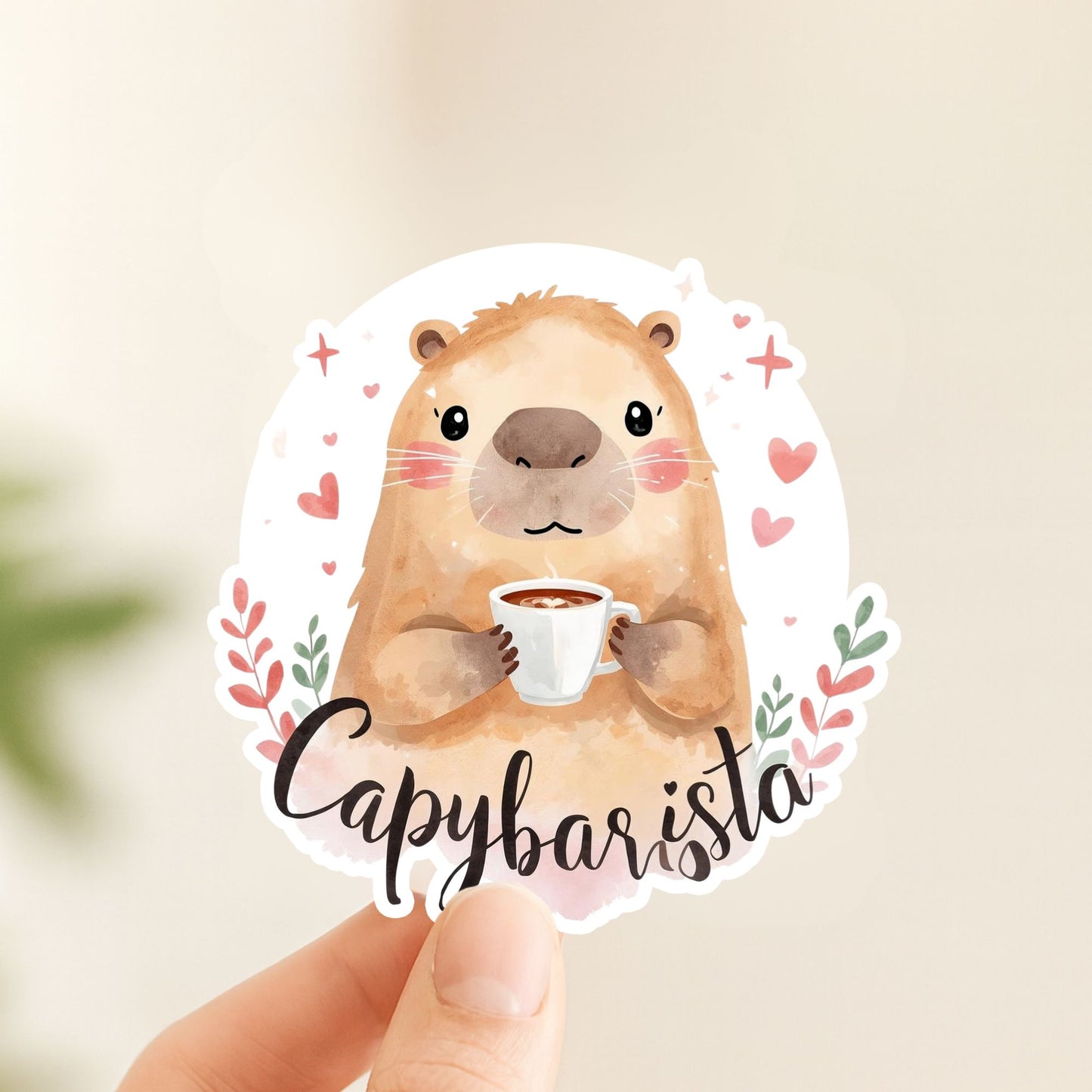 Capybarista Coffee Capybara | Kawaii Animal | White Vinyl | Die-Cut Sticker