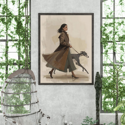 Chic City Stroll Illustration | Woman in Trench Coat with Greyhound | Digital Wall Artwork