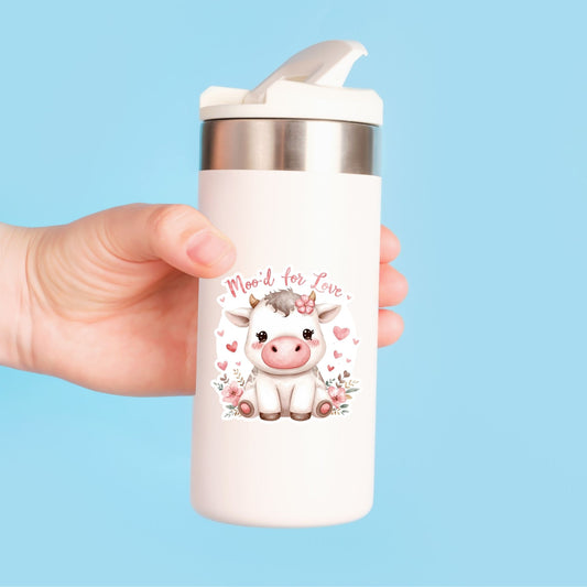 Moo'd for Love Valentine Cow | Kawaii Animal | White Vinyl | Die-Cut Sticker