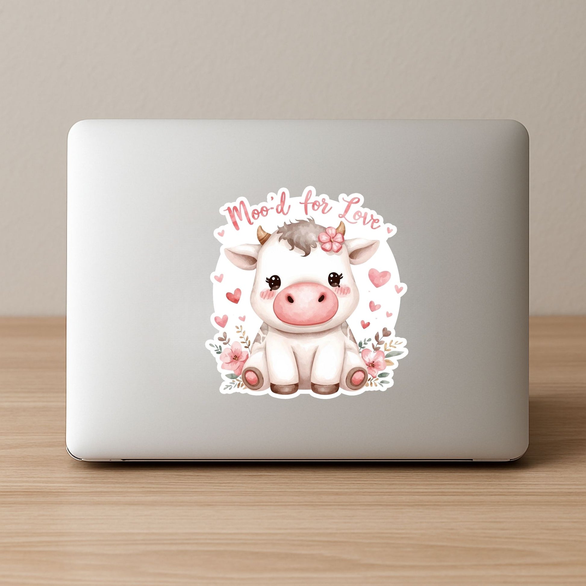 Moo'd for Love Valentine Cow | Kawaii Animal | White Vinyl | Die-Cut Sticker