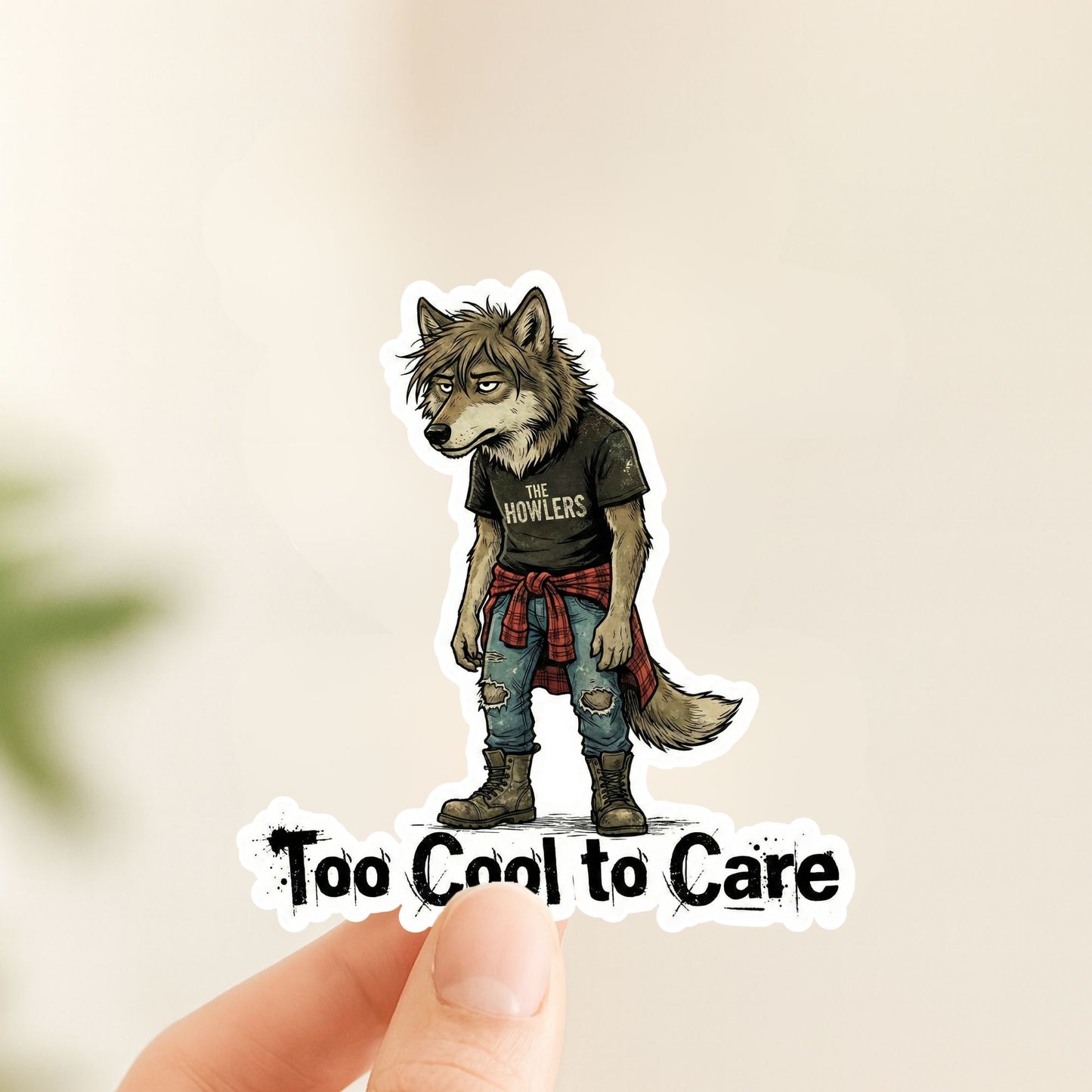 Too Cool to Care Grunge Wolf | Edgy Aesthetic | White Vinyl | Die-Cut Sticker