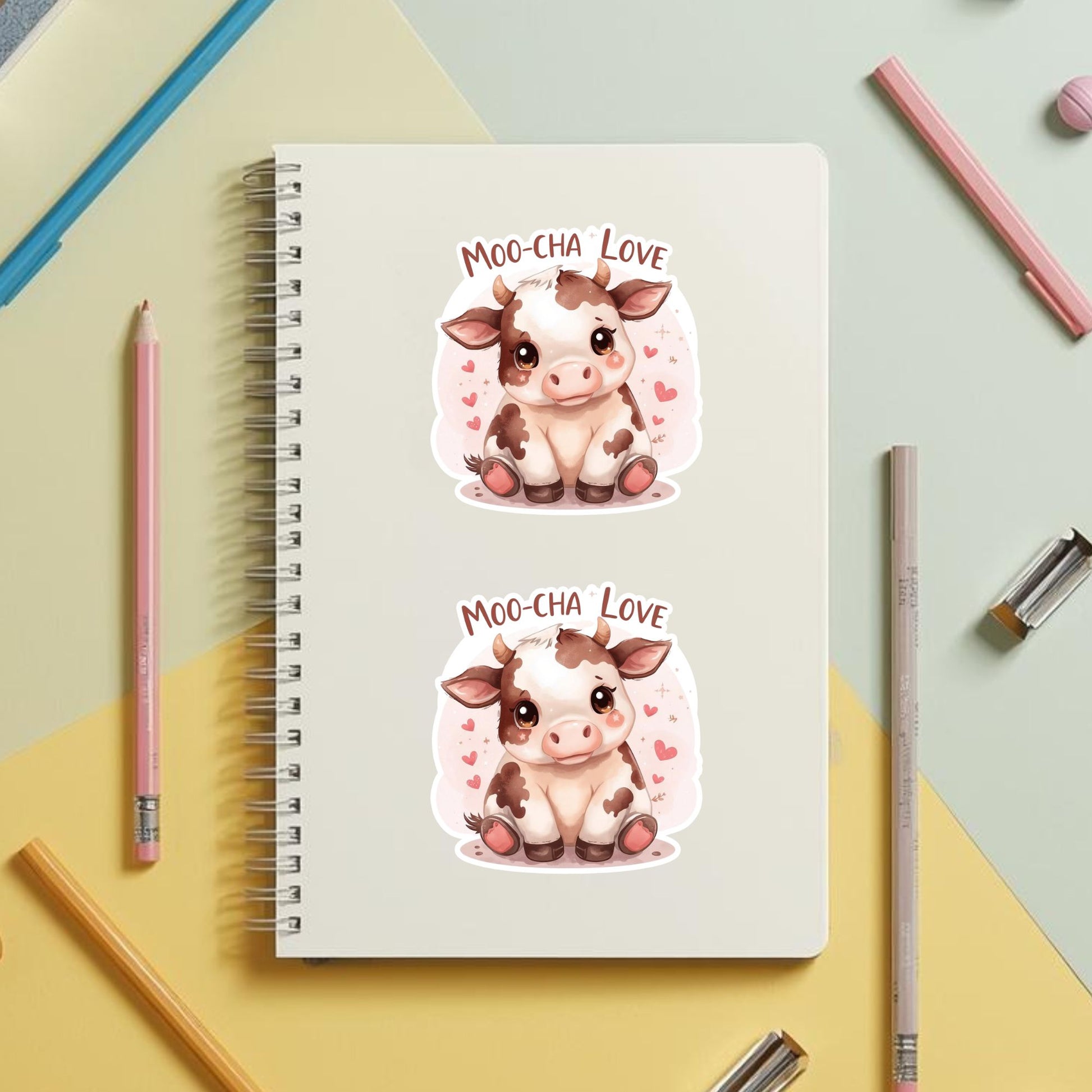Moo-Cha Love Baby Cow | Kawaii Animal | White Vinyl | Die-Cut Sticker