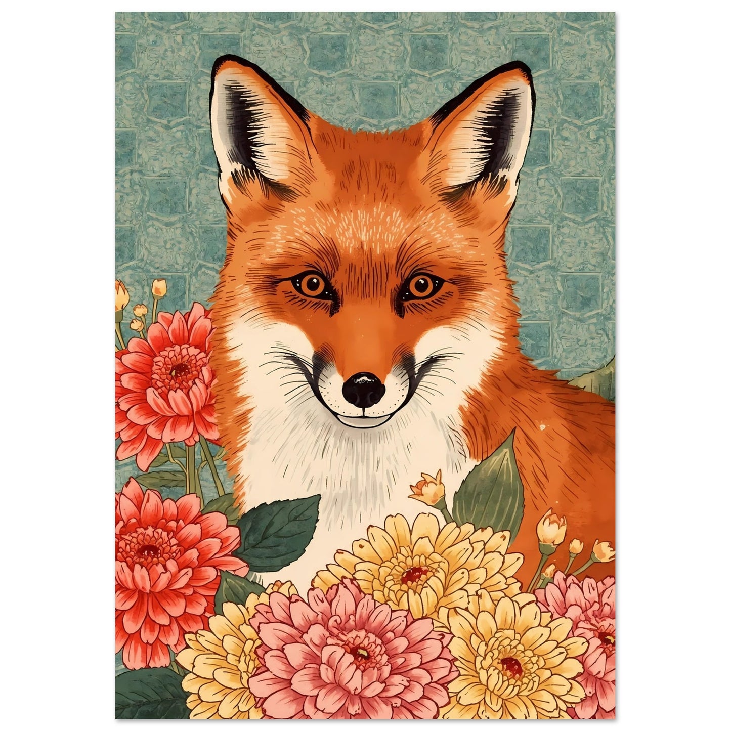 Floral Fox Ukiyo-e Wall Art Poster 21x29.7 cm 8x12"
