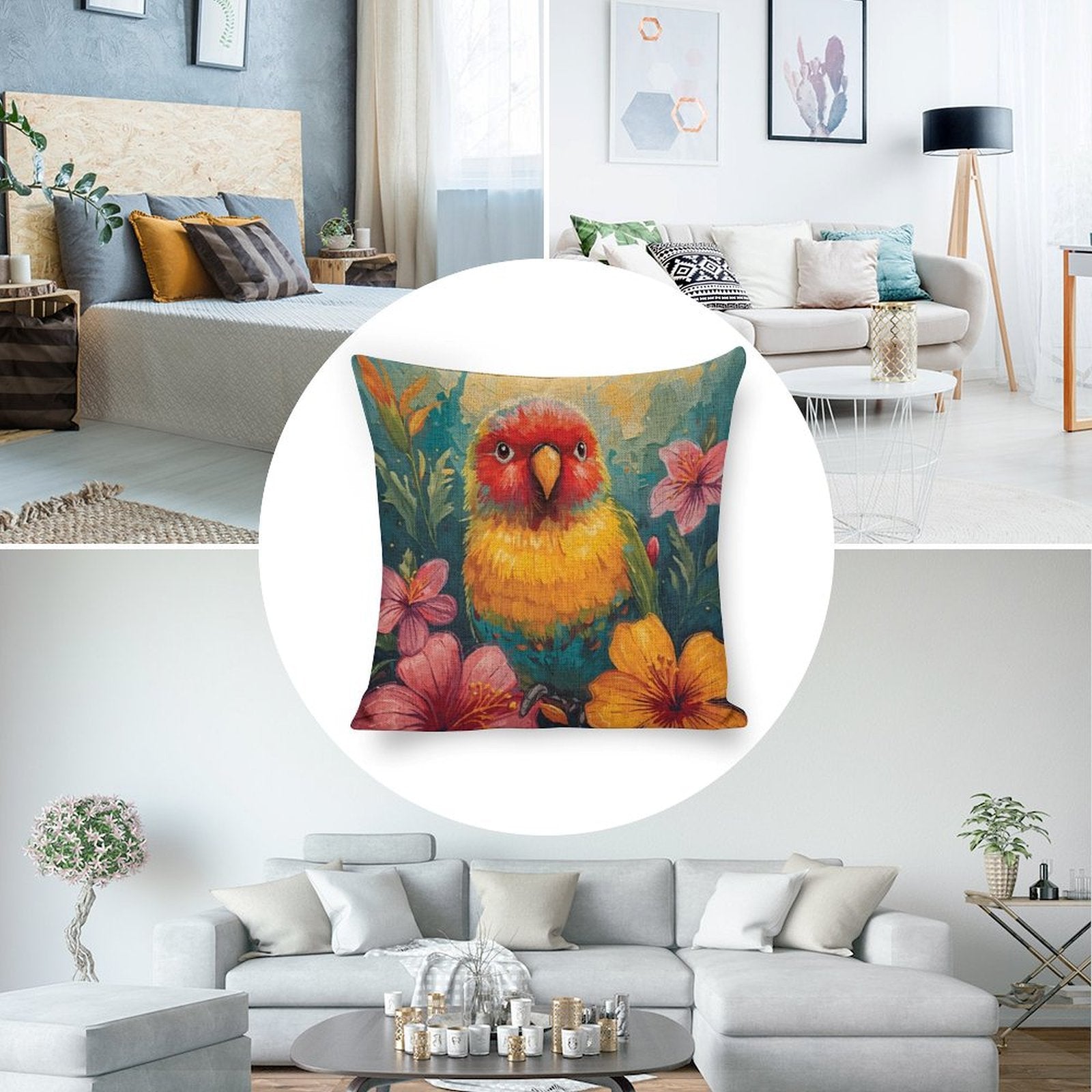 Tropical Lovebird Vivid Illustration Cushion Cover — US-Made, Single-Sided Print, 45×45cm