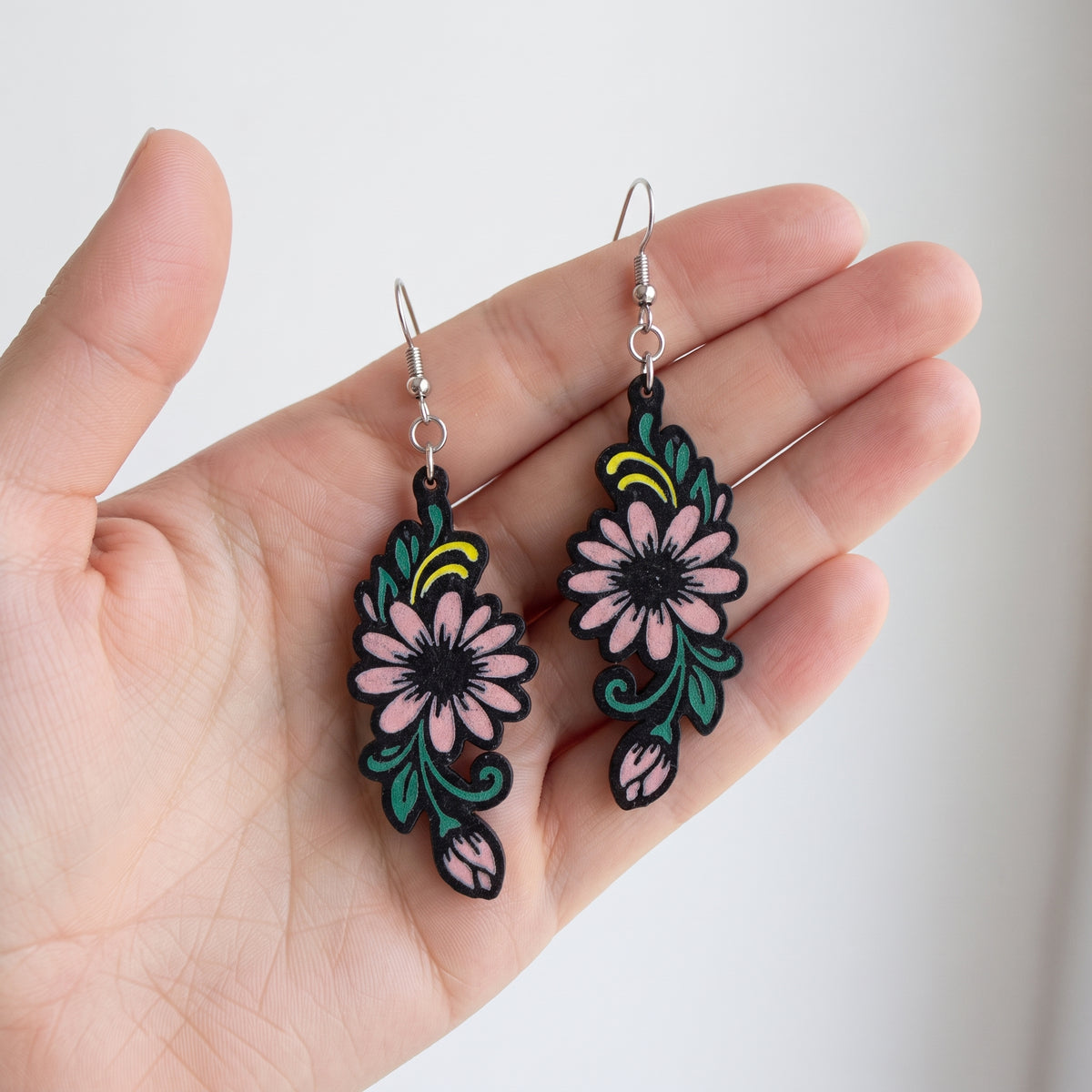 Pink Daisy Floral Dangle Earrings | Lightweight PLA Drop Earrings | 60mm