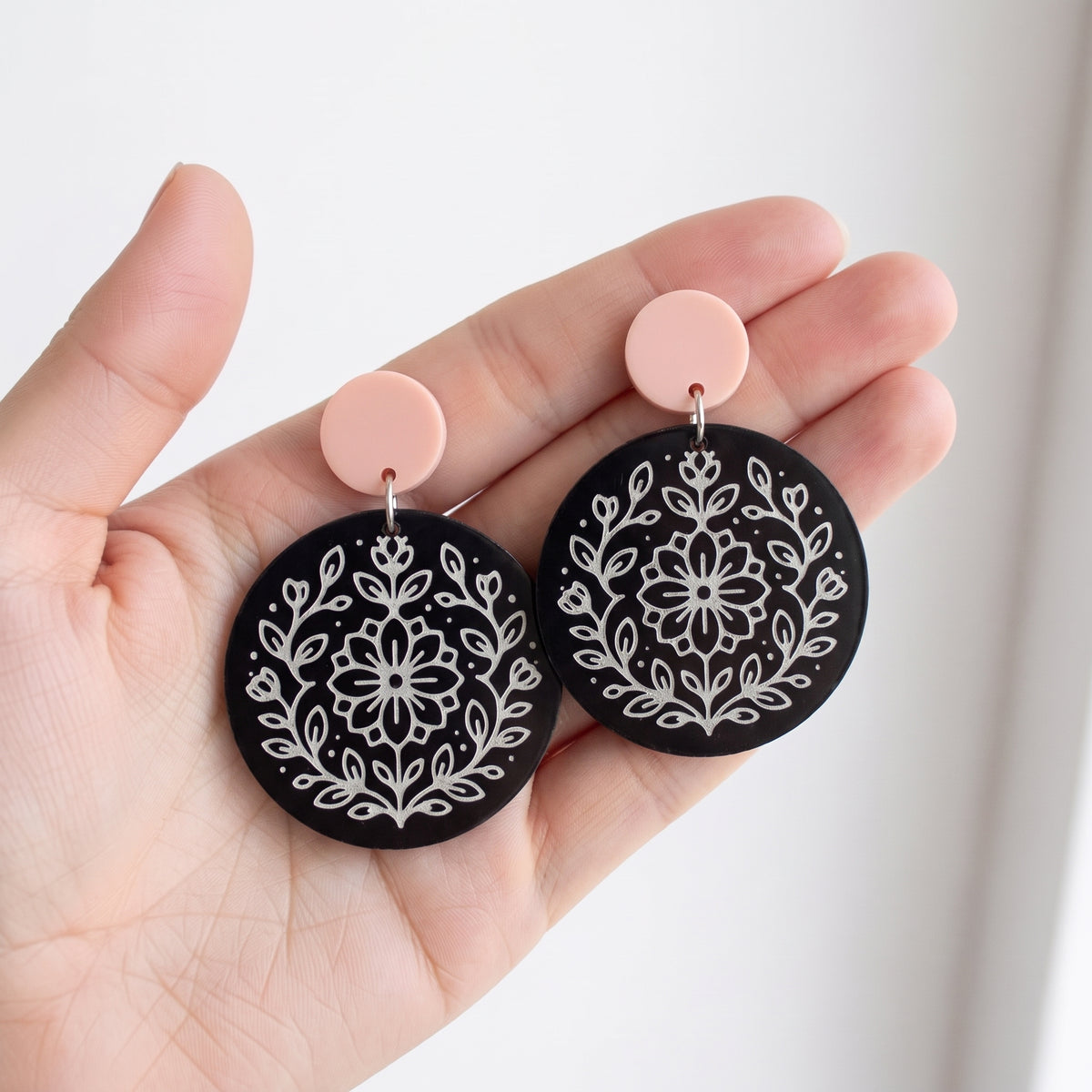 Round Floral Dangle Earrings | Lightweight Drop Earrings | 40x50mm Black