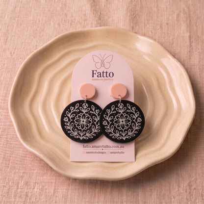 Round Floral Dangle Earrings | Lightweight Drop Earrings | 40x50mm
