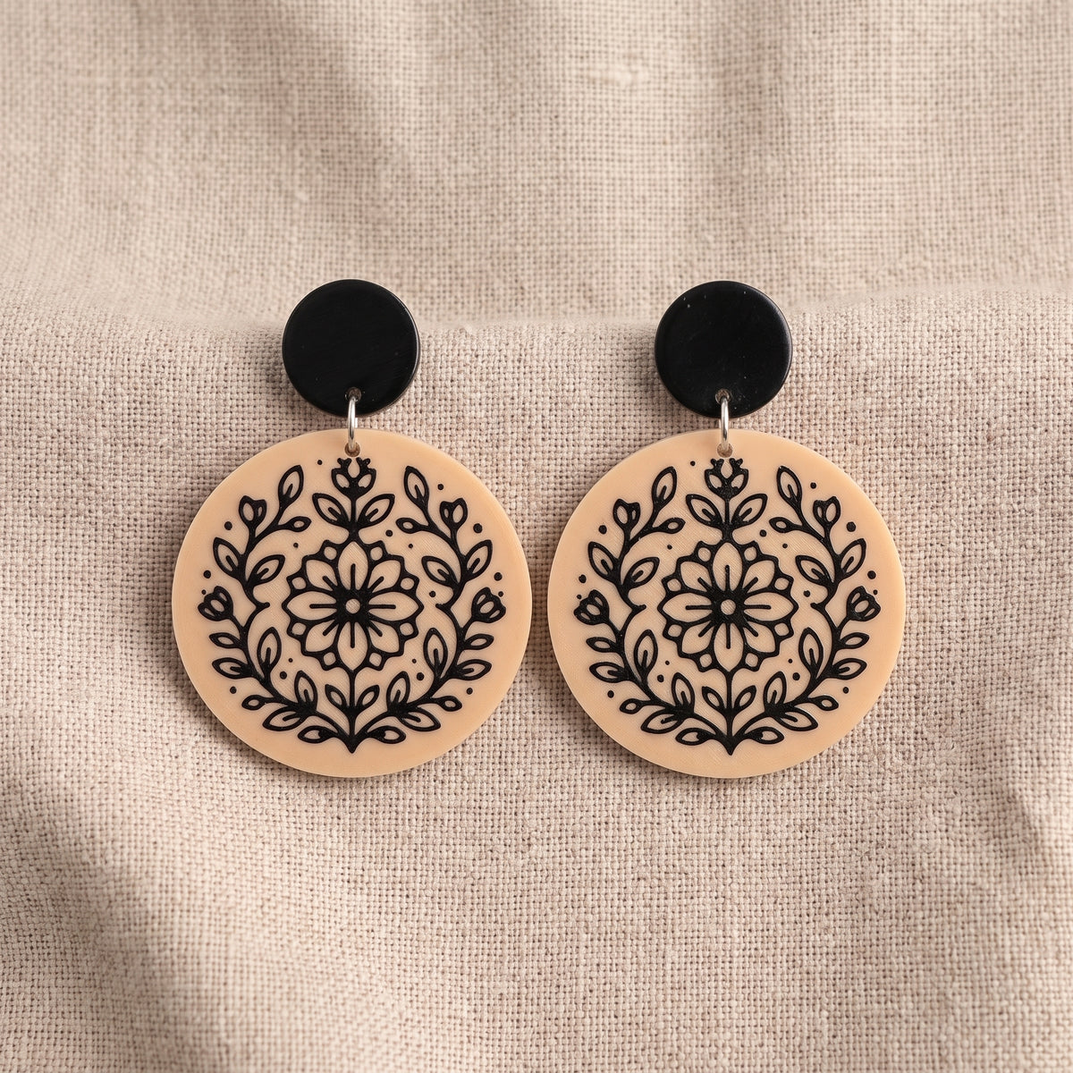 Round Floral Dangle Earrings | Lightweight Drop Earrings | 40x50mm
