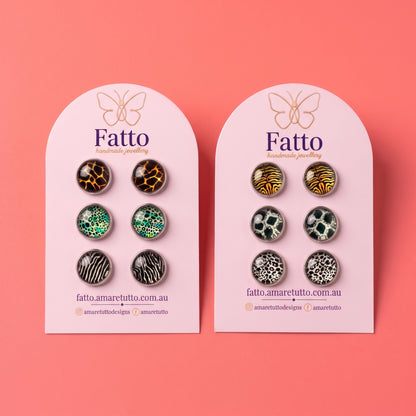Animal Print Stud Earrings | Silver Tone Glass Dome Studs | 12mm