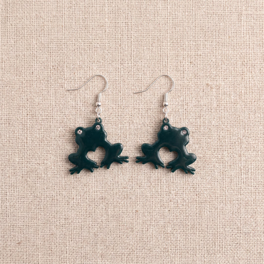 Frog Heart Dangle Earrings | Handmade Rhinestone Eye Drops