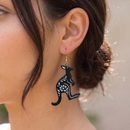 Floral Kangaroo Dangle Earrings | Handmade Aussie Animal Drops