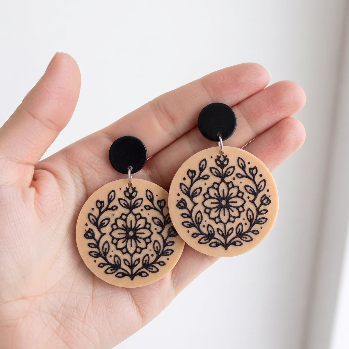 Round Floral Dangle Earrings | Lightweight Drop Earrings | 40x50mm Beige