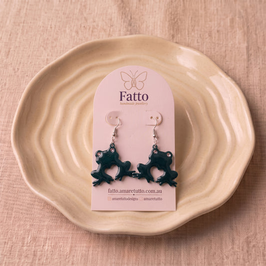 Frog Heart Dangle Earrings | Handmade Rhinestone Eye Drops