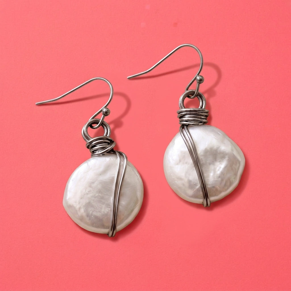 Wire Wrapped Pearl Drop Earrings | Freshwater Coin Pearl Dangles